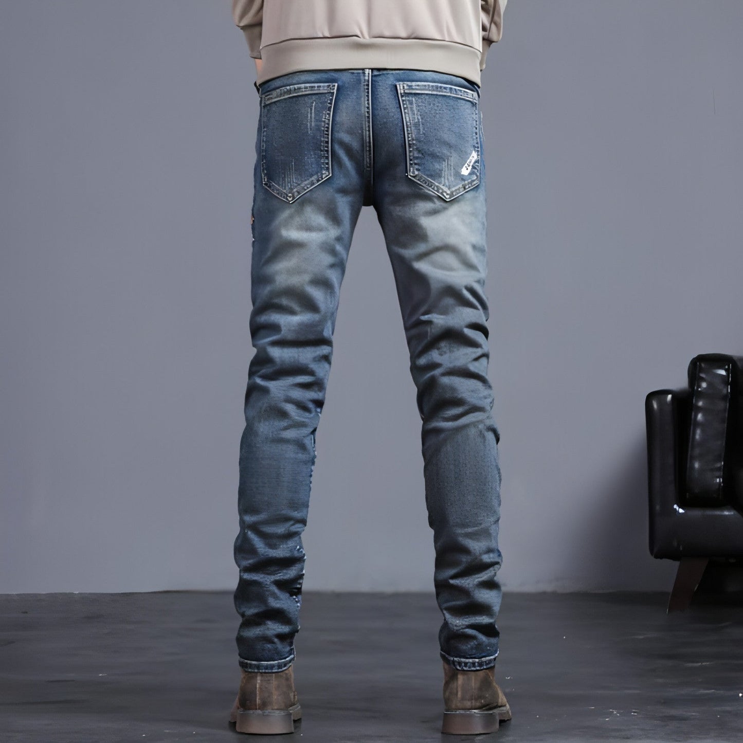 Youth Retro Embroidered Denim Pants Men Jeans