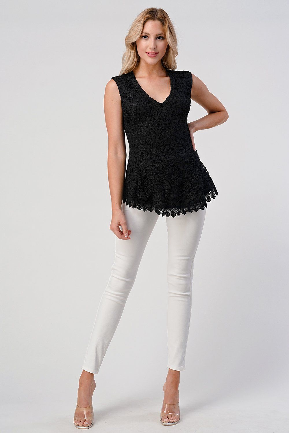 Sleeveless V-Neck Lace Peplum Top