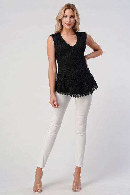 Sleeveless V-Neck Lace Peplum Top