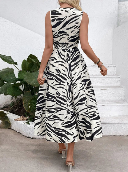 Printed Notched Sleeveless Midi Dress
