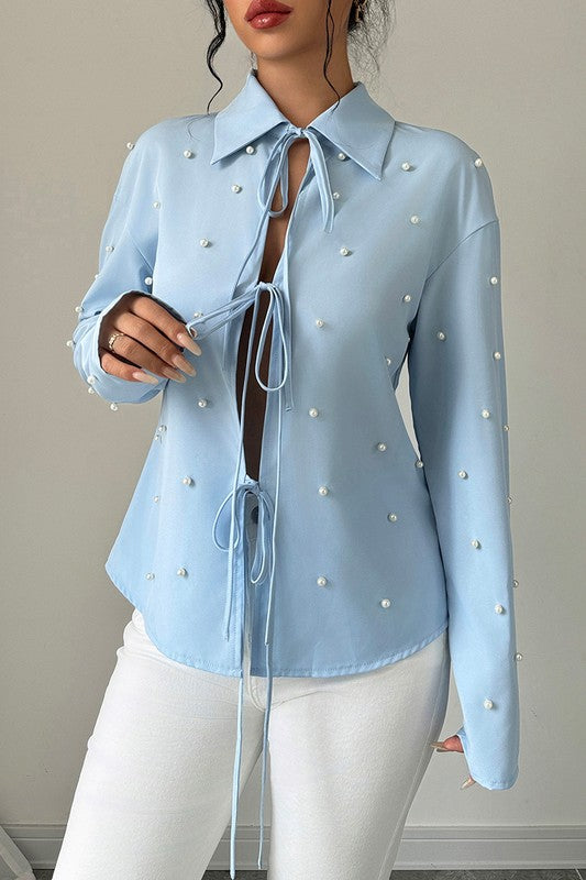 Solid Tie Front Pearl Embellished Fit Blouse