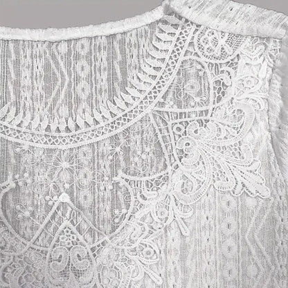 Women Round Neck Lace Trim Translucent Shirt Sexy Half Sleeve Hollow