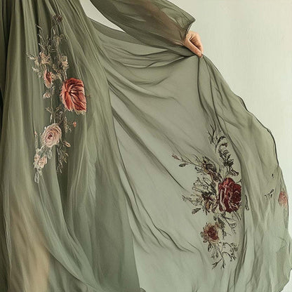 Women Elegant V-Neck Green Floral Print A-Line Maxi Semi-Sheer Long