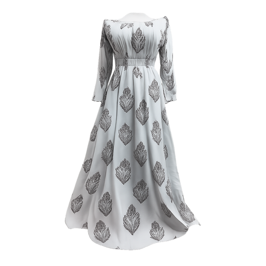 Women's Elegant Long Sleeve Maxi Dress – Leaf Pattern, Fitted Waist,