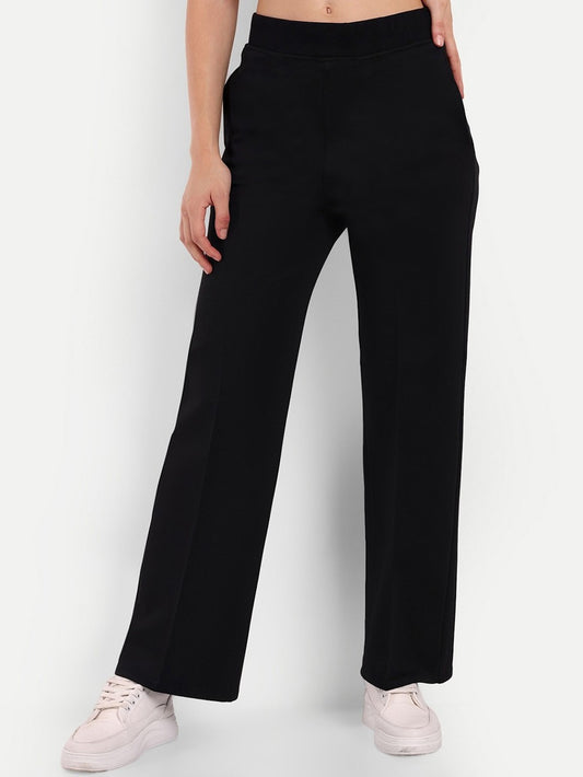 Solid Loose fit Cotton Lycra Trouser Women (Size-L) (Color-BLACK)